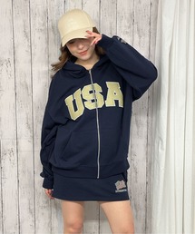 《USAロゴ×星条旗袖刺繍》裏毛ZIPパーカー/秋冬春 セットアップ可