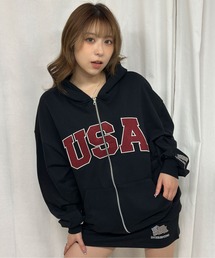 《USAロゴ×星条旗袖刺繍》裏毛ZIPパーカー/秋冬春 セットアップ可