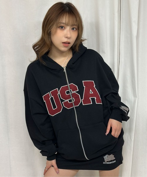セール】《USAロゴ×星条旗袖刺繍》裏毛ZIPパーカー／秋冬春
