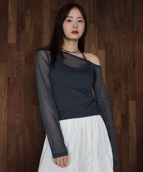 J by blue（ジェイバイブルー）の「ホルターネックレイヤードシアートップス（Tシャツ/カットソー・レディース・チャコールグレー/ブラック・MEDIUM）」の3枚目の写真