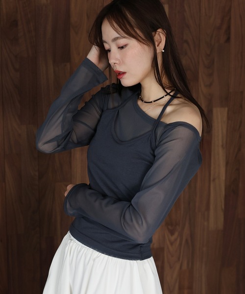 J by blue（ジェイバイブルー）の「ホルターネックレイヤードシアートップス（Tシャツ/カットソー・レディース・チャコールグレー/ブラック・MEDIUM）」の5枚目の写真