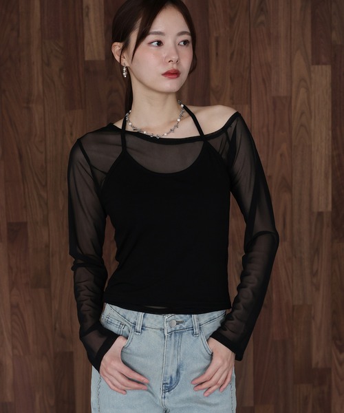 J by blue（ジェイバイブルー）の「ホルターネックレイヤードシアートップス（Tシャツ/カットソー・レディース・チャコールグレー/ブラック・MEDIUM）」の12枚目の写真