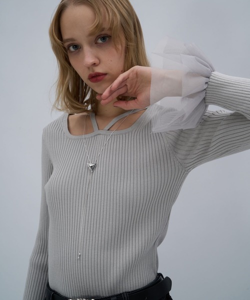 HARE（ハレ）の「ソデチュールレイヤータイトニットトップス(HARE)（ニット/セーター・レディース・ブラック/ライトグレー/パープル・FREE）」の3枚目の写真