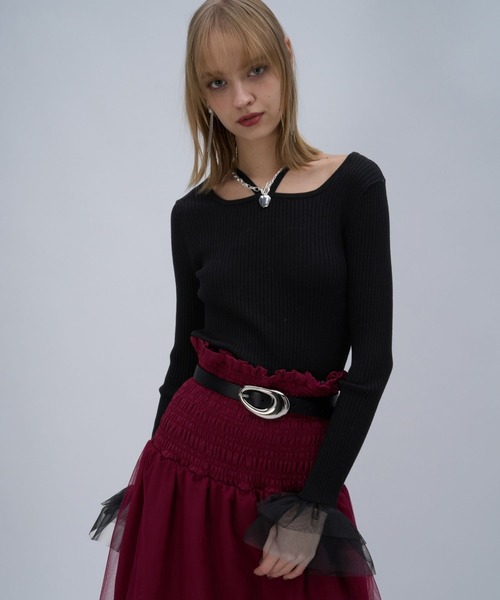 HARE（ハレ）の「ソデチュールレイヤータイトニットトップス(HARE)（ニット/セーター・レディース・ブラック/ライトグレー/パープル・FREE）」の8枚目の写真