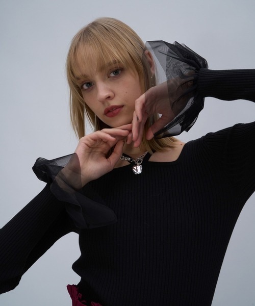 HARE（ハレ）の「ソデチュールレイヤータイトニットトップス(HARE)（ニット/セーター・レディース・ブラック/ライトグレー/パープル・FREE）」の11枚目の写真