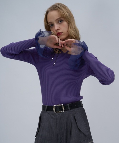 HARE（ハレ）の「ソデチュールレイヤータイトニットトップス(HARE)（ニット/セーター・レディース・ブラック/ライトグレー/パープル・FREE）」の20枚目の写真