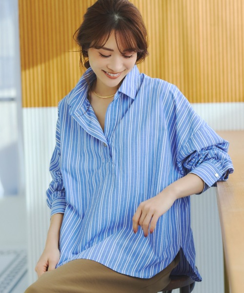 Elura(エルーラ)の「アイロンいらずスキッパーシャツ/634736(シャツ/ブラウス・レディース・キャメル/ダークブラウン/ブラウン/ライトピンク/ライトブルー/オフホワイト・FREE)」の1枚目の写真