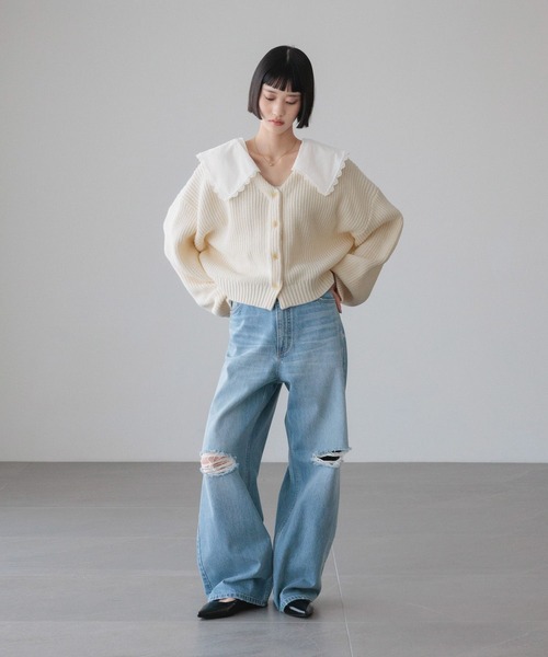 LOWRYS FARM（ローリーズファーム）の「レースカラーニットカーディガン　 646619（カーディガン/ボレロ・レディース・グレー/アイボリー/ネイビー・FREE）」の4枚目の写真