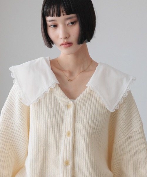 LOWRYS FARM（ローリーズファーム）の「レースカラーニットカーディガン　 646619（カーディガン/ボレロ・レディース・グレー/アイボリー/ネイビー・FREE）」の8枚目の写真