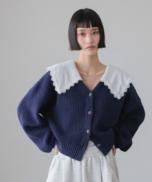 LOWRYS FARM（ローリーズファーム）の「レースカラーニットカーディガン　 646619（カーディガン/ボレロ・レディース・グレー/アイボリー/ネイビー・FREE）」の14枚目の写真