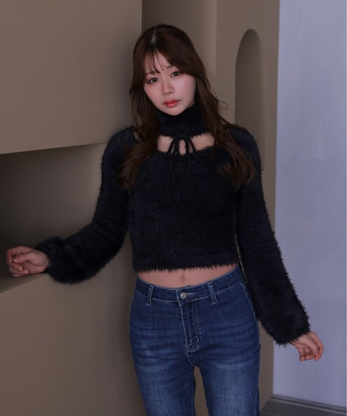 M DOLLY(エムドリー)の「*M DOLLY original* shaggy zita ribbon tops/シャギージータリボントップス(ニット/セーター・レディース・アイボリー/ブラック/キャメル・FREE)」の3枚目の写真