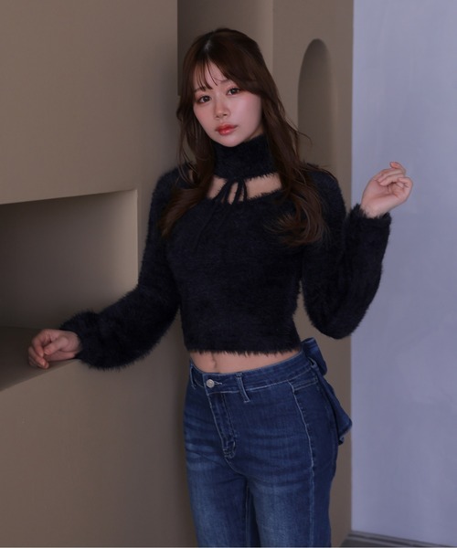 M DOLLY(エムドリー)の「*M DOLLY original* shaggy zita ribbon tops/シャギージータリボントップス(ニット/セーター・レディース・アイボリー/ブラック/キャメル・FREE)」の12枚目の写真