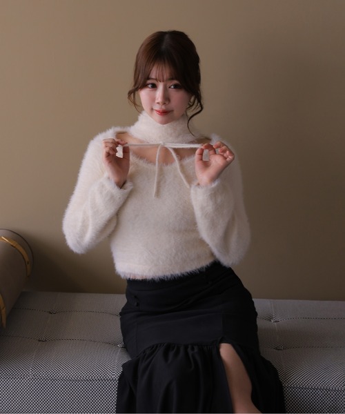 M DOLLY(エムドリー)の「*M DOLLY original* shaggy zita ribbon tops/シャギージータリボントップス(ニット/セーター・レディース・アイボリー/ブラック/キャメル・FREE)」の5枚目の写真