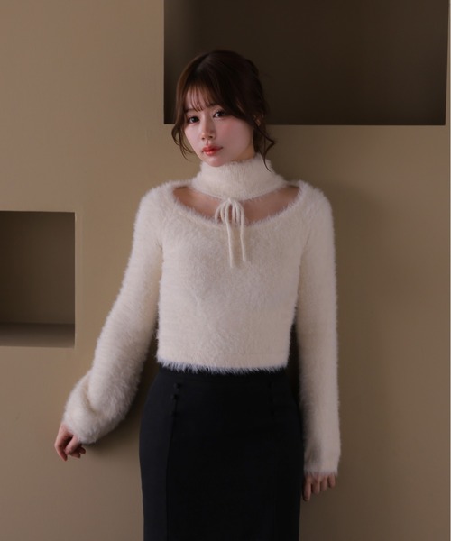 M DOLLY(エムドリー)の「*M DOLLY original* shaggy zita ribbon tops/シャギージータリボントップス(ニット/セーター・レディース・アイボリー/ブラック/キャメル・FREE)」の6枚目の写真
