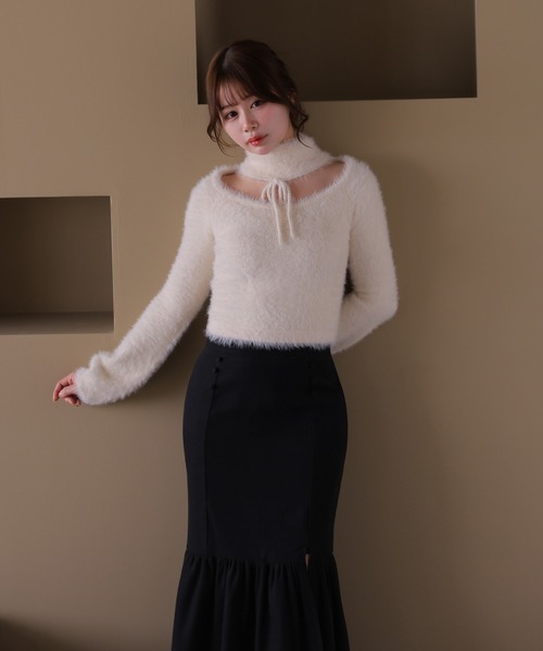 M DOLLY(エムドリー)の「*M DOLLY original* shaggy zita ribbon tops/シャギージータリボントップス(ニット/セーター・レディース・アイボリー/ブラック/キャメル・FREE)」の7枚目の写真