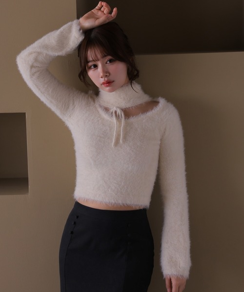 M DOLLY(エムドリー)の「*M DOLLY original* shaggy zita ribbon tops/シャギージータリボントップス(ニット/セーター・レディース・アイボリー/ブラック/キャメル・FREE)」の8枚目の写真