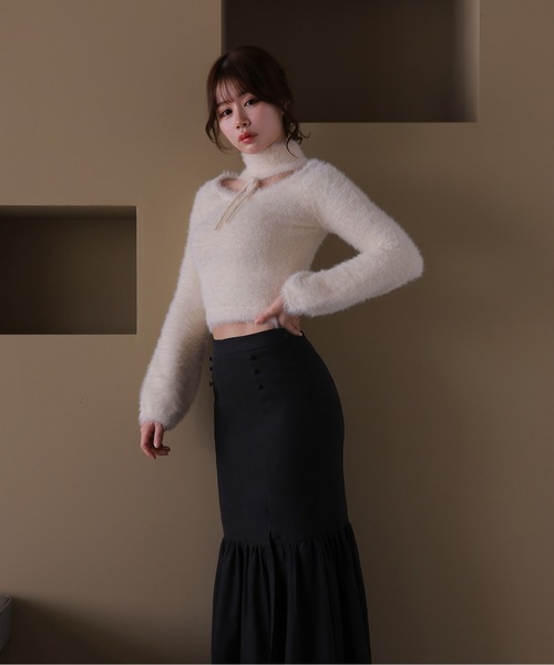 M DOLLY(エムドリー)の「*M DOLLY original* shaggy zita ribbon tops/シャギージータリボントップス(ニット/セーター・レディース・アイボリー/ブラック/キャメル・FREE)」の9枚目の写真