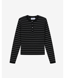 MERGO（メルゴ）の「ウィメンズモディフストライプヘンリーネックニット[ブラック]（ニット/セーター）」