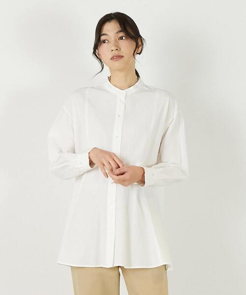 MELROSE claire(メルローズ クレール)の「【バンドカラー切替フレアシャツチュニック】(シャツ/ブラウス・レディース・オフホワイト/サックスブルー/ブラック・FREE)」の1枚目の写真