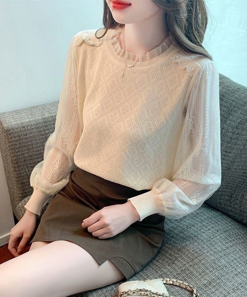 Miniministore(ミニミニストア)の「ニットトップスレース切り替えブラウス春服(シャツ/ブラウス・レディース・ブラック/ベージュ/ホワイト・FREE)」の3枚目の写真