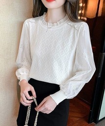ニットトップスレース切り替えブラウス春服