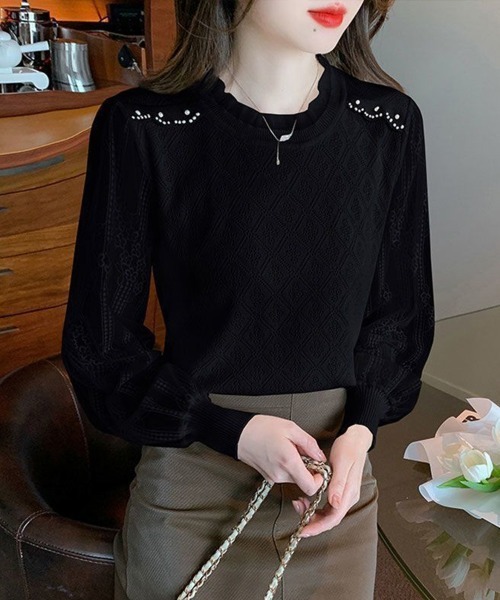 Miniministore(ミニミニストア)の「ニットトップスレース切り替えブラウス春服(シャツ/ブラウス・レディース・ブラック/ベージュ/ホワイト・FREE)」の1枚目の写真