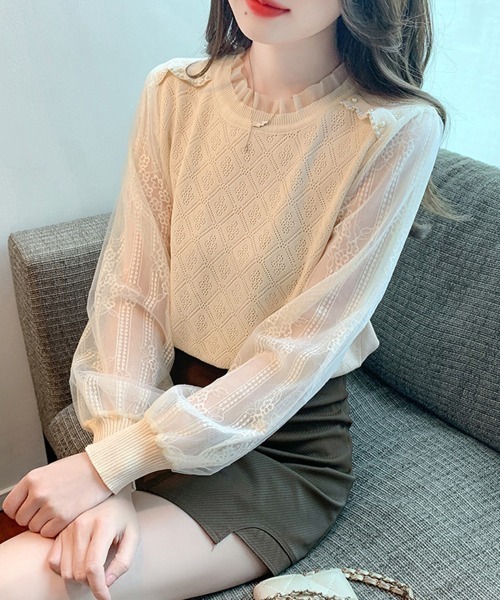 Miniministore(ミニミニストア)の「ニットトップスレース切り替えブラウス春服(シャツ/ブラウス・レディース・ブラック/ベージュ/ホワイト・FREE)」の4枚目の写真