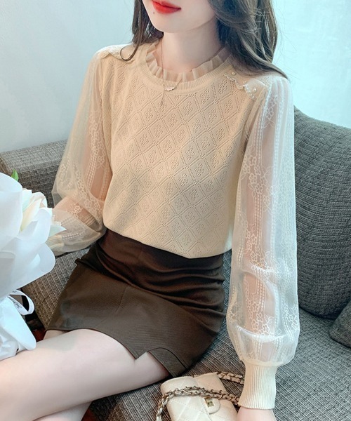Miniministore(ミニミニストア)の「ニットトップスレース切り替えブラウス春服(シャツ/ブラウス・レディース・ブラック/ベージュ/ホワイト・FREE)」の5枚目の写真