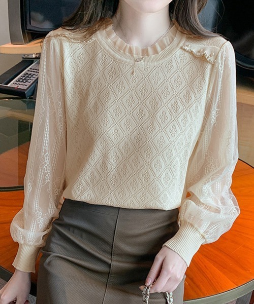 Miniministore(ミニミニストア)の「ニットトップスレース切り替えブラウス春服(シャツ/ブラウス・レディース・ブラック/ベージュ/ホワイト・FREE)」の7枚目の写真