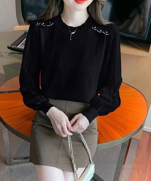 Miniministore(ミニミニストア)の「ニットトップスレース切り替えブラウス春服(シャツ/ブラウス・レディース・ブラック/ベージュ/ホワイト・FREE)」の9枚目の写真