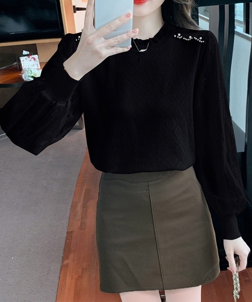 Miniministore(ミニミニストア)の「ニットトップスレース切り替えブラウス春服(シャツ/ブラウス・レディース・ブラック/ベージュ/ホワイト・FREE)」の10枚目の写真