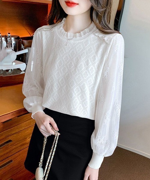Miniministore(ミニミニストア)の「ニットトップスレース切り替えブラウス春服(シャツ/ブラウス・レディース・ブラック/ベージュ/ホワイト・FREE)」の12枚目の写真