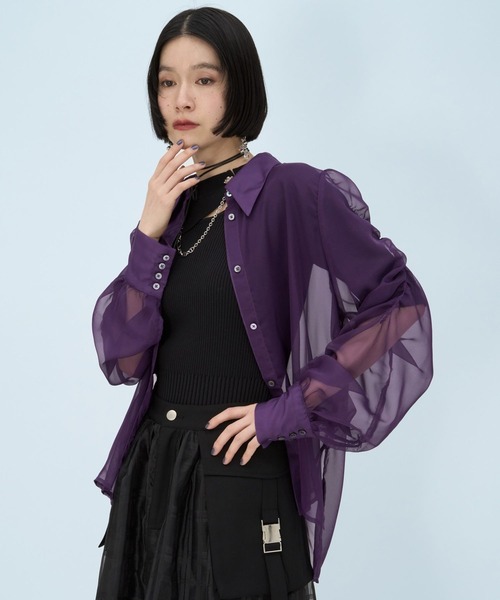 HARE（ハレ）の「ギャザーシアーシャツ(HARE)（シャツ/ブラウス・レディース・ブルー/ブラック/グリーン/ピンク/イエロー/パープル・FREE）」の4枚目の写真