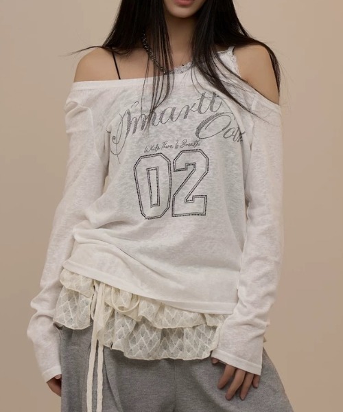 ViViDAY(ビビデー)の「フロント英字プリント レースキャミイン レイヤード風透けロンT(Tシャツ/カットソー・レディース・ブラック/ホワイト・M)」の9枚目の写真