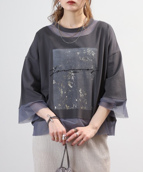 A.N.L(エーエヌエル レーベル)の「A.N.L メッシュ切替スクエアデザイン箔プリントカットソー 半端袖(Tシャツ/カットソー・レディース・ブラック/オフホワイト/チャコールグレー・38)」の18枚目の写真