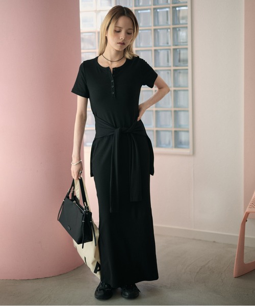 henry neck waist cloth layered long dress /ヘンリーネック腰巻き