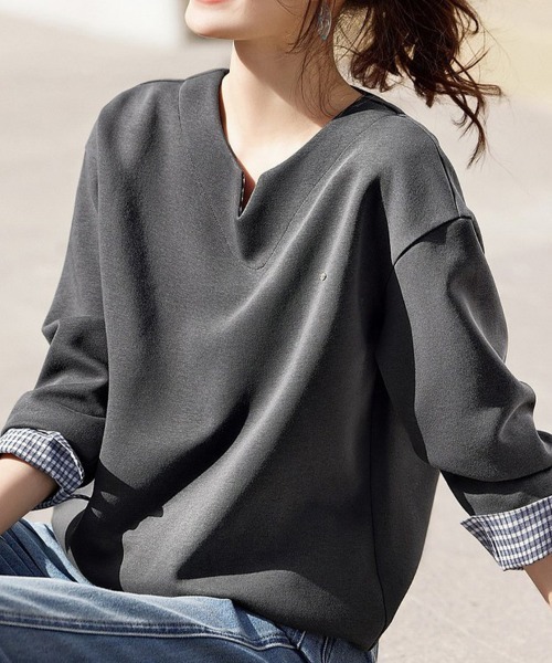 ONEP STAR(ワンピスター)の「チェック柄レイヤードトップス(Tシャツ/カットソー・レディース・ダークグレー・MEDIUM/LARGE/X-LARGE)」の1枚目の写真