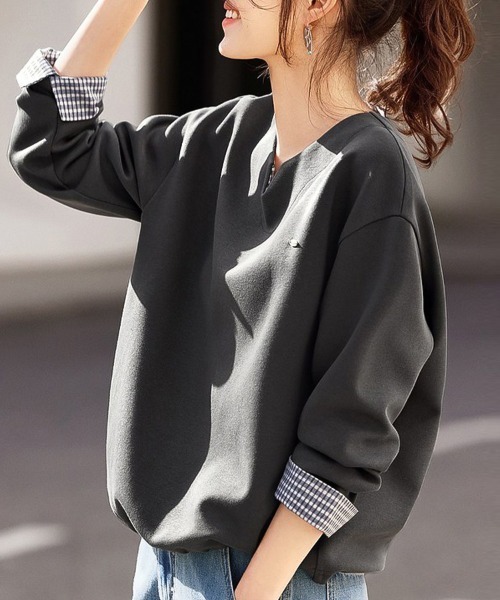 ONEP STAR(ワンピスター)の「チェック柄レイヤードトップス(Tシャツ/カットソー・レディース・ダークグレー・MEDIUM/LARGE/X-LARGE)」の2枚目の写真