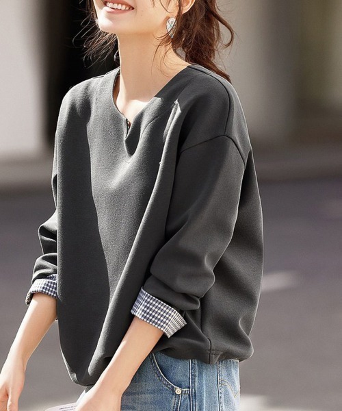 ONEP STAR(ワンピスター)の「チェック柄レイヤードトップス(Tシャツ/カットソー・レディース・ダークグレー・MEDIUM/LARGE/X-LARGE)」の6枚目の写真