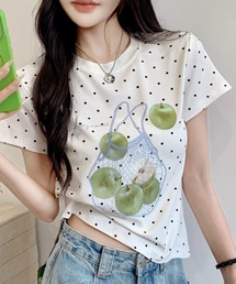 アップルプリントドット柄コンパクトTシャツ