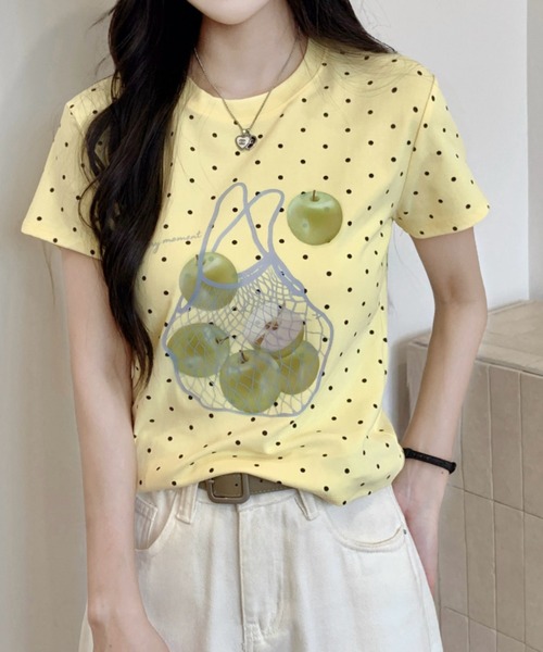 Sibra(シブラ)の「アップルプリントドット柄コンパクトTシャツ(Tシャツ/カットソー・レディース・ネイビー/イエロー/グリーン/ホワイト・M)」の13枚目の写真