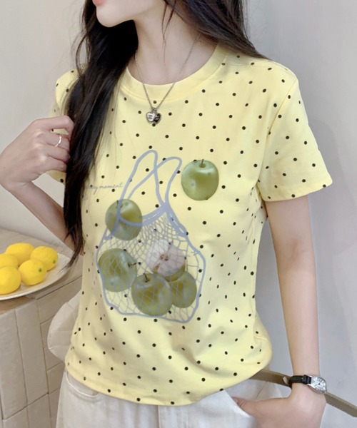 Sibra(シブラ)の「アップルプリントドット柄コンパクトTシャツ(Tシャツ/カットソー・レディース・ネイビー/イエロー/グリーン/ホワイト・M)」の14枚目の写真