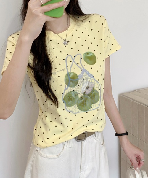 Sibra(シブラ)の「アップルプリントドット柄コンパクトTシャツ(Tシャツ/カットソー・レディース・ネイビー/イエロー/グリーン/ホワイト・M)」の15枚目の写真