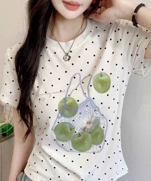 Sibra(シブラ)の「アップルプリントドット柄コンパクトTシャツ(Tシャツ/カットソー・レディース・ネイビー/イエロー/グリーン/ホワイト・M)」の10枚目の写真