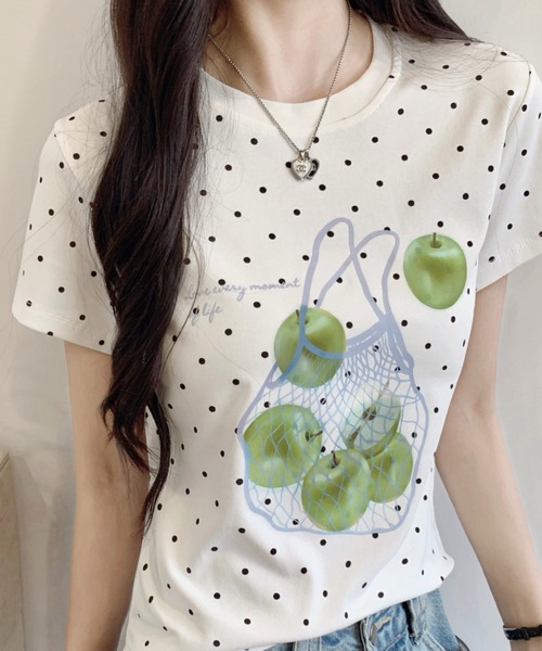 Sibra(シブラ)の「アップルプリントドット柄コンパクトTシャツ(Tシャツ/カットソー・レディース・ネイビー/イエロー/グリーン/ホワイト・M)」の12枚目の写真