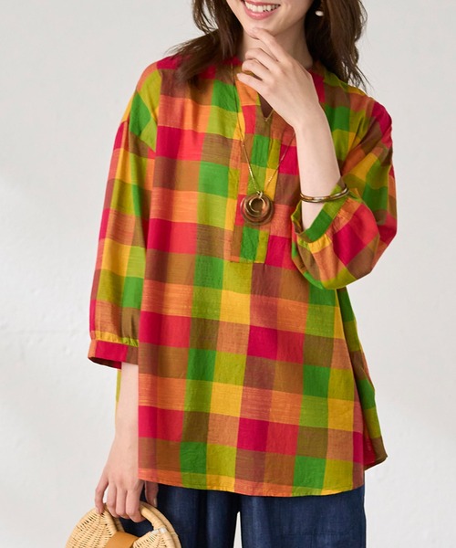 BELLUNA PLUS(ベルーナ)の「<INDIA>チェック柄チュニック(チュニック・レディース・オレンジ系/ブルー系・LARGE/MEDIUM/X-LARGE)」の11枚目の写真