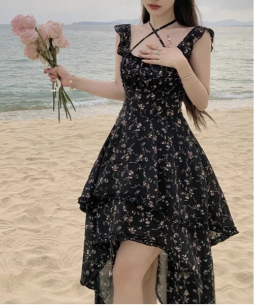 花柄 オフショル ミニワンピース アシンメトリー花柄オフショルミニワンピース（ワンピース）｜＆soiree