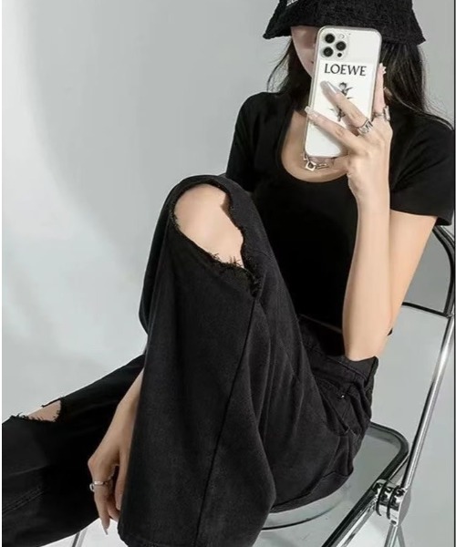 MELT(メルト)の「クラッシュダメージストレートデニム(デニムパンツ・レディース・ブラック・L/M)」の3枚目の写真
