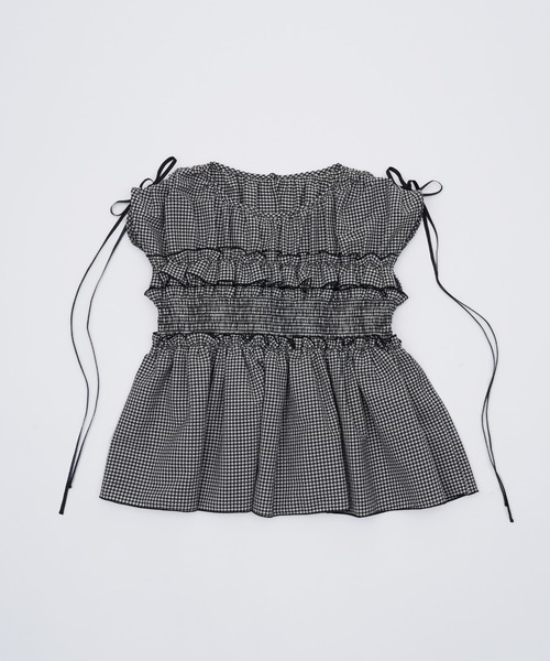 SOEMIN(ソミン)の「Shirred ribbon blouse/シャーリングリボンノースリーブブラウス(シャツ/ブラウス・レディース・ホワイト/チェック/ブラック・FREE)」の10枚目の写真