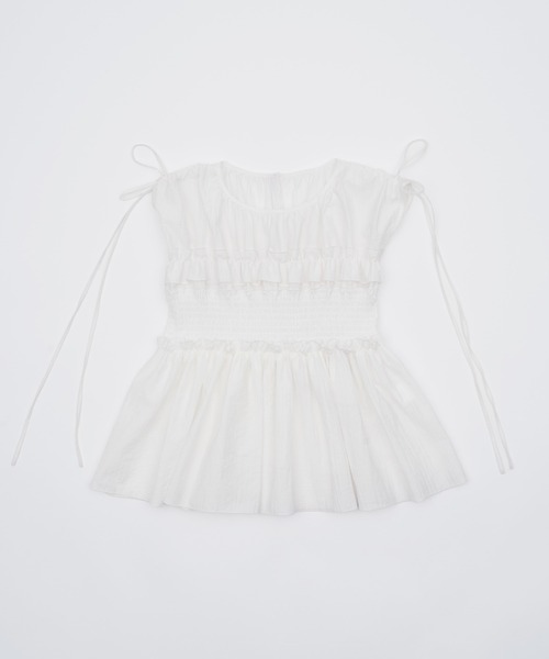 SOEMIN(ソミン)の「Shirred ribbon blouse/シャーリングリボンノースリーブブラウス(シャツ/ブラウス・レディース・ホワイト/チェック/ブラック・FREE)」の11枚目の写真